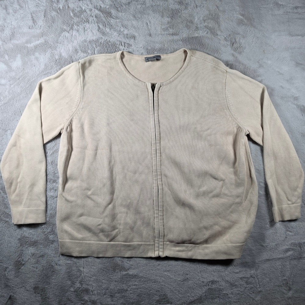 Eddie Bauer Cardigan Sweater‎ Womens XXL Beige Cream Full Zip Cotton Knit Ribbed